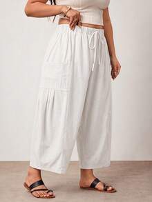 Enliva Plus Size Loose Fit Drawstring Casual Cropped Pants Fall - White - View 4