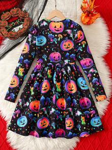 Kids Tween Girls Casual Single Piece Fun Halloween Pattern Knit Dress, Autumn/Winter Season, Halloween Girls Dress - Black - View 2