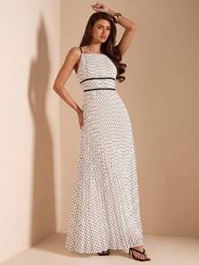 SHEIN BAE Summer White And Black Polka Dot Spaghetti Strap Ruched Bodycon A-Line Dress, Brunch Tea Party Vacation Wedding Guest Elegant Romantic - Black and White - View 3