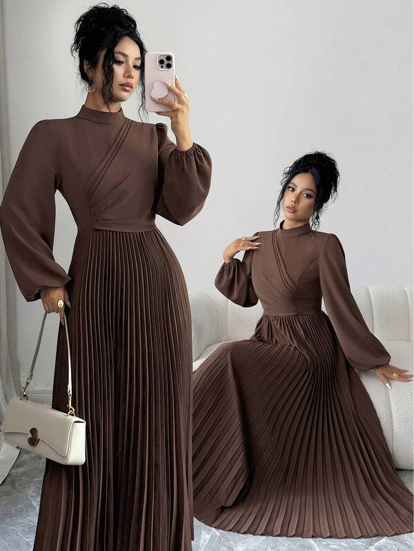 Elenzga Women's Spring/Autumn Coffee-Colored Long Dress With Ruched French-Style Elegant Design, Small Stand Collar, Open Front, Back Waist Elastic Cinched Waist, Slimming, Minimalist Lazy Korean-Style Old Money Aesthetic, Cute Sexy Beach Party Afternoon Tea, Regular Shoulder Lantern Sleeves, Asymmetrical Overlay Design, Belly-Covering Elastic Waist, Slimming Pleated A-Line Hem