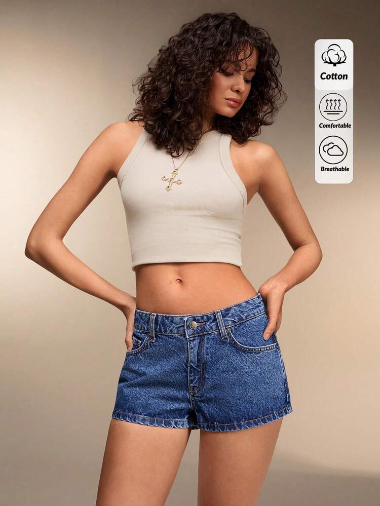 SHEIN Low Waist Casual Daily Style Mini Woman Denim Short Vacation Navy Blue Summer - Medium Wash - View 7