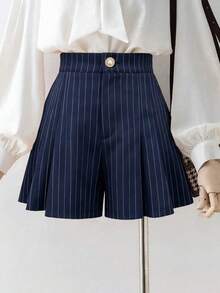 EMERY ROSE Women's Plus Size Striped Pleated Casual Versatile Wide Leg Shorts - Blue - View 5