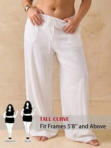 SHEIN Tall CURVE 大尺碼女款純色腰部綁帶寬腿休閒長褲 - 白色 - 查看 3