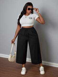 SHEIN PETITE CURVE 大尺碼女款純色休閒百搭寬鬆短版棉質長褲 情人節 - 黑色 - 查看 4