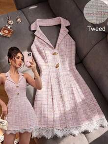 SHEIN Franclia Women's Elegant Commute Lace Patchwork Tweed Dress,Back-To-School Outfit,Graduation Homecoming - Pink - View 4