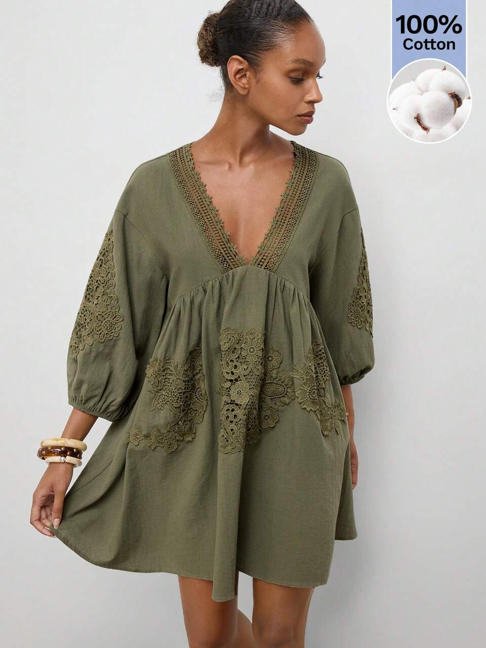 SHEIN Maija Olive Green Women's Mini Dress Summer Fall V-Neck Lantern Sleeve Vacation Boho