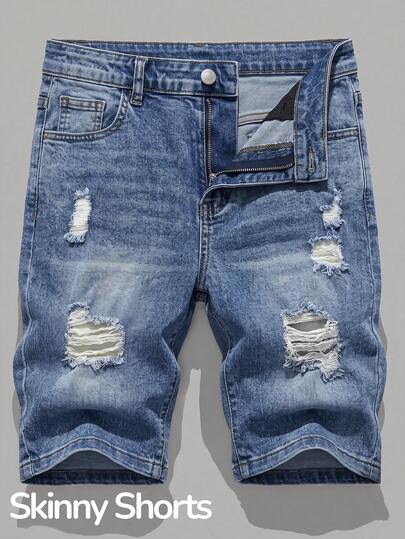 SHEIN Shorts de mezclilla casuales diarios para adolescentes con bolsillo, botón y diseño desgastado
