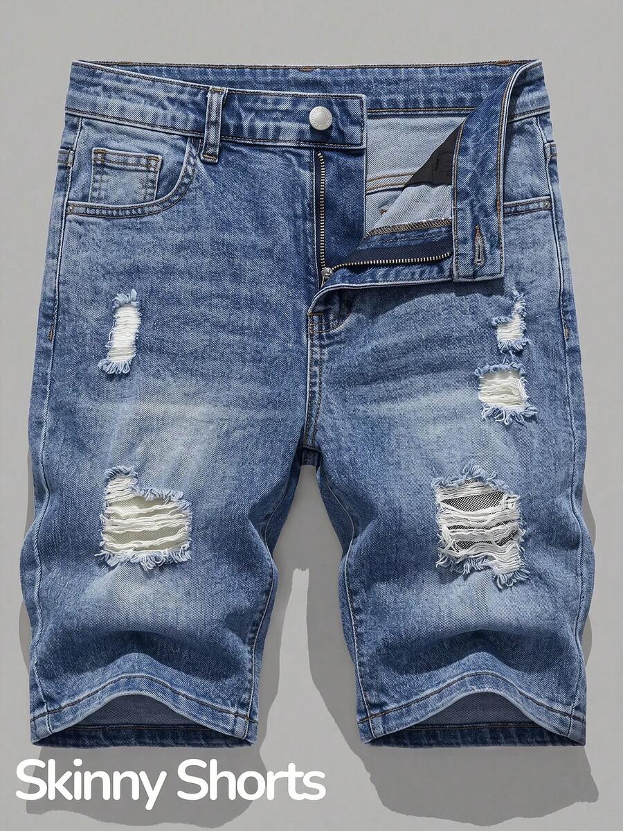 SHEIN Teen Boy Casual Daily Denim Shorts With Pocket, Button And Distressed Design - Dark Wash - View 1