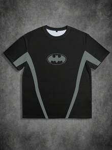 BATMAN X SHEIN Camiseta de manga corta de cuello redondo con estampado de murciélago de color contrastante, casual para hombre, verano - Blanco - Ver 1
