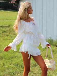 Sydney Algeri Cotton Lace Patchwork Waist Vacation Shirt, Suitable For Beach Party, Holiday, Easter, Spring & Summer White - White - View 5