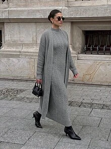 Women's Solid Color Dropped Shoulder Long Sleeve Long Cardigan And Stand Collar Knit Dress Set - Grey - View 5