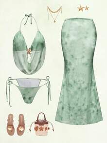 SHEIN Swim 金屬海星裝飾時尚優雅掛脖綁帶比基尼兩件式泳衣套裝附裙襬，適合海灘度假 - 彩色 - 查看 8