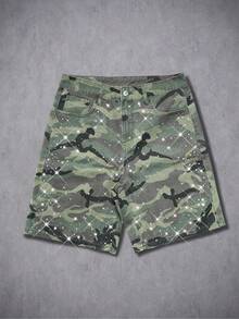 Manfinity Roughcore 男士街頭生活鑽石迷彩印花寬鬆牛仔短褲，度假款 - 軍綠色 - 查看 6