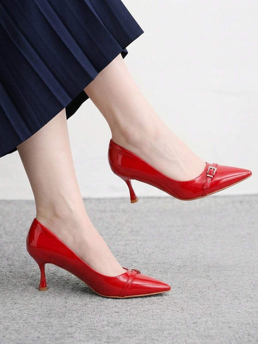 CUCCOO BIZCHIC 女款新款時尚性感尖頭紅色高跟鞋,適合通勤、約會、聚會、時尚派對 - 紅色1 - 查看 1