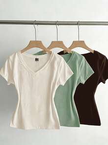 SHEIN EZwear 3件組女款夏季V領修身T恤 龐克休閒次文化動漫風 素色短袖修身款 日常居家穿搭 白色、鼠尾草綠、深褐色 - 彩色 - 查看 3