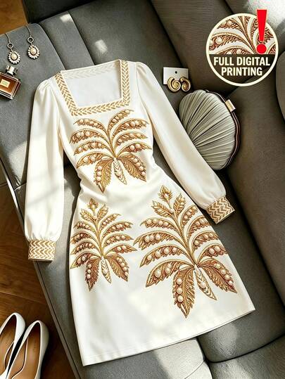 SHEIN Franclia Women's Elegant Autumn/Winter New Square Neck Optimized Dress, Apricot Base Vintage Gold Leaf Print Dress, Square Neck Puff Long Sleeve Waist-Cinching Bodycon Bodycon Short Dress For Petite Women