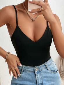 Allurite Sexy Solid Slim Fit Cami Bodysuit - Black - View 3