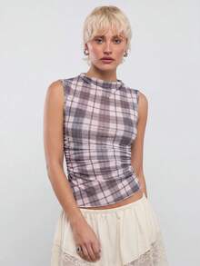 COUREZ Asymmetric Mesh Sheer Check Top Y2K 2000s Streetwear Going Out Day Time Everyday Rave Outfits Summer Grey Plaid Fall Women Back-To-School - Multicolor - View 7