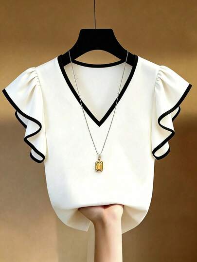 Franclia Plus Size Versatile Contrast Color Ruffle Cuff Top For Vacation And Beach