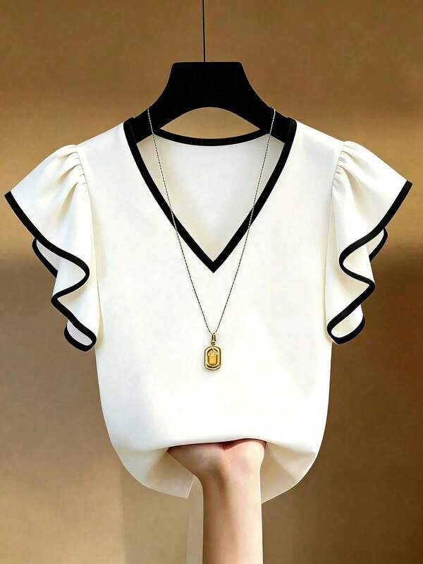 Franclia Plus Size Versatile Contrast Color Ruffle Cuff Top For Vacation And Beach