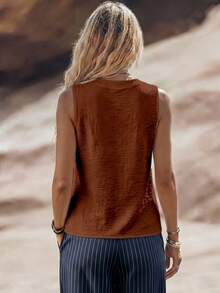 Linhara CURVE Plus Size Solid Color V-Neck Twist Front Asymmetrical Hem Sleeveless Top - Brown - View 2