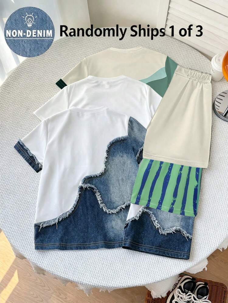SHEIN Randomly Ships 1 Of 3, Contrast Color Dopamine Green Print Patchwork Design Style Set, Casual Fashion Style,,School Clothes - Multicolor - View 2