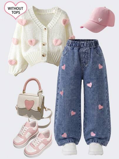 Young Girl Denim Jeans, All-Season New Style, Cute & Fun Design, Vintage Dark Blue Washed Denim, Elastic Waistband, Pink Heart Embroidery With Snow Wash Effect, Loose Straight Leg Fit, Fashionable Suitable For Vacation And Outings, All-Season New Young Girl Denim Jeans