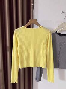 Franclia Cardigan Wanita Lengan Panjang Warna Polos Kancing Tunggal Kasual Serbaguna untuk Aktivitas Sehari-hari - Kuning - View 2