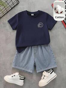 兒童小男孩/小女孩，小男孩 2 件組春夏休閒度假風短袖 POLO 衫與短褲套裝，小男孩夏季服飾，套裝，Squishy - 藏蓝色 - 查看 8