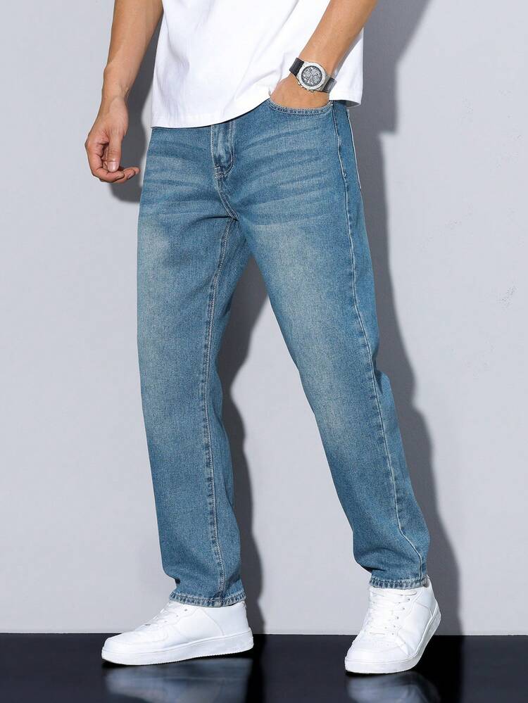 Manfinity Homme Men's Solid Color With Pocket Casual Versatile Straight Leg Jeans - Blue - View 6