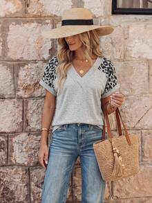 SHEIN Women's Casual Chic Daily Commute Vacation Leopard Print Patchwork V-Neck Loose T-Shirt, Summer - Grey - View 3