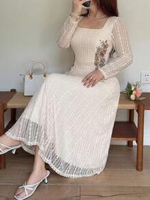 Feyla Plus Size French Elegant Embroidered Long Sleeve Square Neck Evening Wedding Guest Party Dress Wedding Beige Autumn - Apricot - View 3