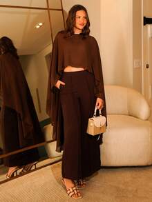 Vivi Wanderley Women Two Pieces Set,Dark Brown Summer Elegant Dining Round Neck Asymmetrical Shawl Cardigan&High Waist Wide-Leg Long Pant,Old Money Style Banquet - Brown - View 2