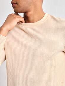 Driftmere Men's Minimalist Fashionable Ribbed Knit Tee, For Fall, Long Sleeve Top - Apricot - View 7