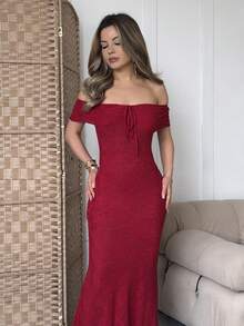 Jemour Off Shoulder Burgundy Textured Extra Long Mermaid Hem Dress, Red Summer Lace Casual Elegant - Red - View 5