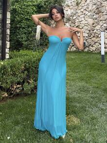 Ronhire Vestido Longo Fluido com Decote em V, Sem Alças e Decote Profundo para Mulheres, Azul Petróleo, Casual de Verão, Férias e Férias, Vestido de Praia Boêmio Elegante em Linha A para Festa e Balada - Azul menta - Visão 5