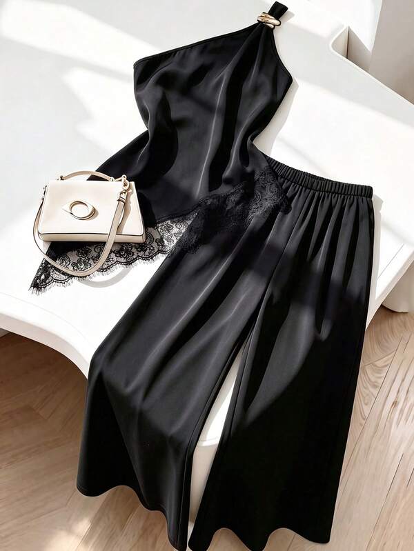 Franclia Summer New Women's Top + Wide Leg Pants Set, Asymmetrical Hemline With Lace Trim, Black Two Pieces Set, Metal Buckle Decoration, Luxurious Lace Decorated Fitted Asymmetrical Shoulder Top + Pants Set, Sexy Sleeveless Top, Suitable For Party, Date, Cocktail Party, Formal Occasions And Business Casual Wear, Women's Beach Outfit