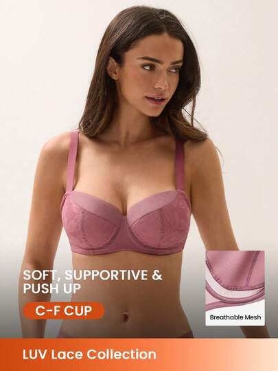 LUVLETTE Underwire Lightly Lined Rose Color Mesh Lace Push-Up Support Sheer Minimizer Lingerie Bra
