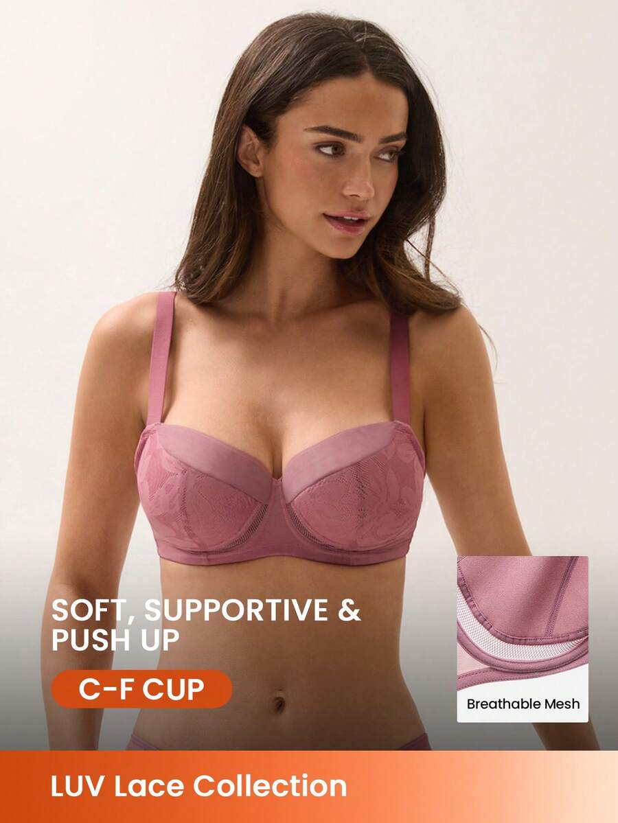 LUVLETTE Underwire Lightly Lined Rose Color Mesh Lace Push-Up Support Sheer Minimizer Lingerie Bra - Rusty Rose - View 1