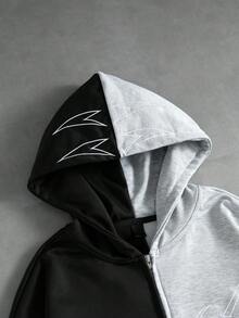 ROMWE MEN Street Life 男士刺繡口袋對比色長袖連帽衫 - 黑色 - 查看 3