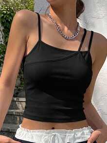 FRIFUL Women's Summer Solid Color Asymmetrical Camisole Top - Black - View 3