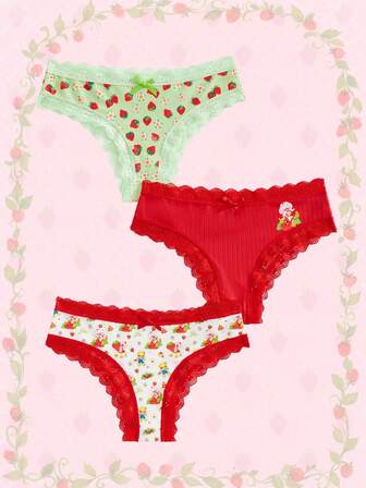 Strawberry Girl Lace Bow Decor 3-Pack Briefs Set