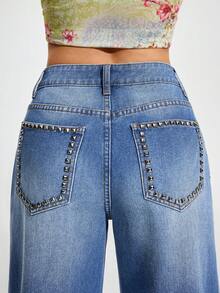 Jeanoix Women's Rivet Design Pocket Wide Leg Loose Casual Street Streetwear Denim Jeans Going Out Everyday Travel Night Out Light Blue Fall - Blue - View 3