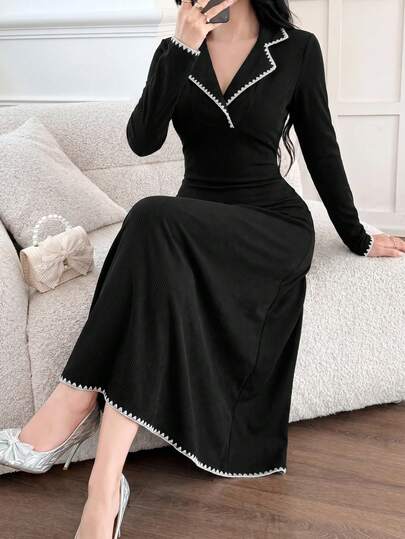 Feyla Đầm dáng chữ A thoải mái thanh lịch phong cách casual thu mới, phối màu color block, viền họa tiết răng sói, tôn eo