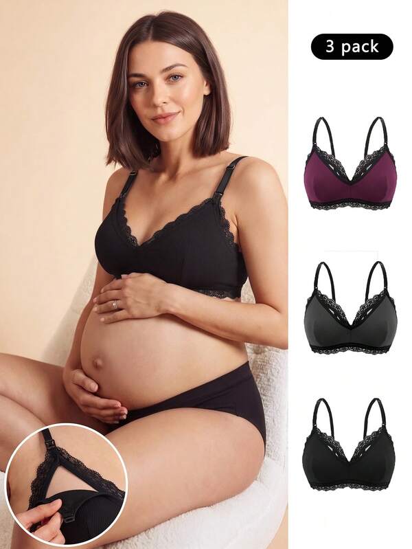 SHEIN 3pcs/Set Lace Patchwork Soft & Comfortable Maternity Nursing Bras