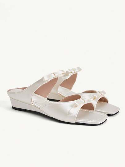CUCCOO CHICEST Women's Fashion Apricot Sardine Bow Square Toe Slope Heel Slippers