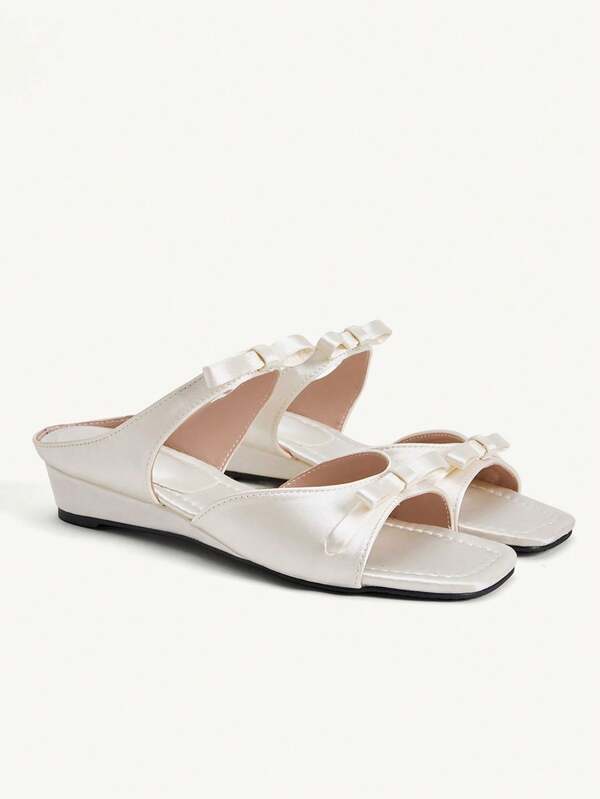 CUCCOO CHICEST Women's Fashion Apricot Sardine Bow Square Toe Slope Heel Slippers