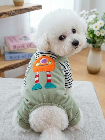 PETSIN 1pc Pet Autumn And Winter Clothes, Cute Embroidered Monster Black And White Striped Top Paired With Green Pants, Fake Two Legged Cat And Dog Clothes, Suitable For Early Autumn Home Pajamas, Outdoor Walks, And Playful Monster Style Pet Photos