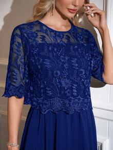 SHEIN Clasi Women's Round Neck Short Sleeve Lace Elegant Dress - Royal Blue - View 9