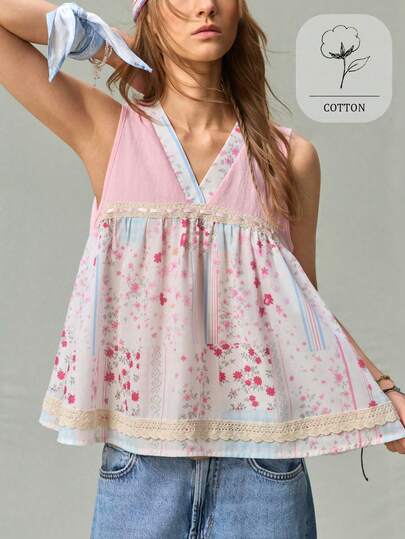 SHEIN Women's Sleeveless Printed Lace Trim Patchwork V-Neck Flared Blouse Shirt